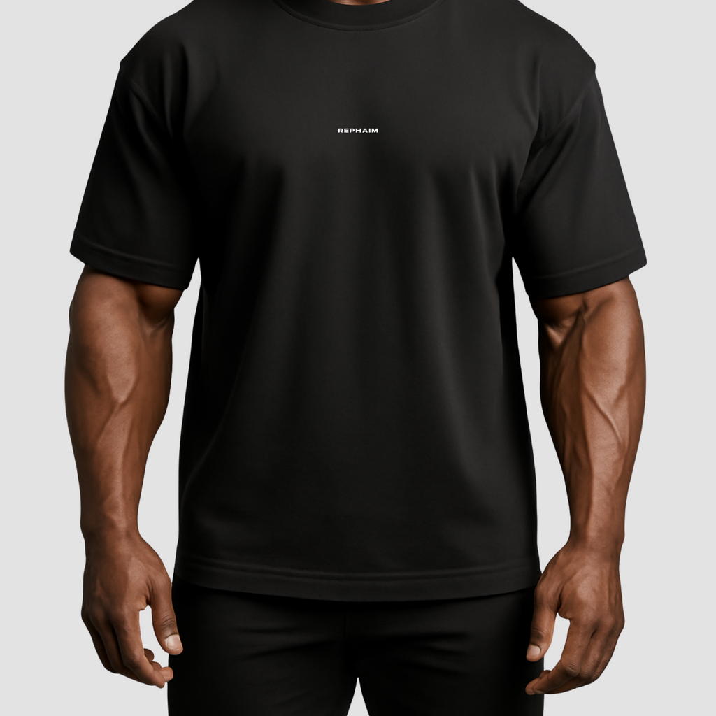 Men’s oversized black cotton gym t-shirt with durable stitching, breathable comfort, casual streetwear India