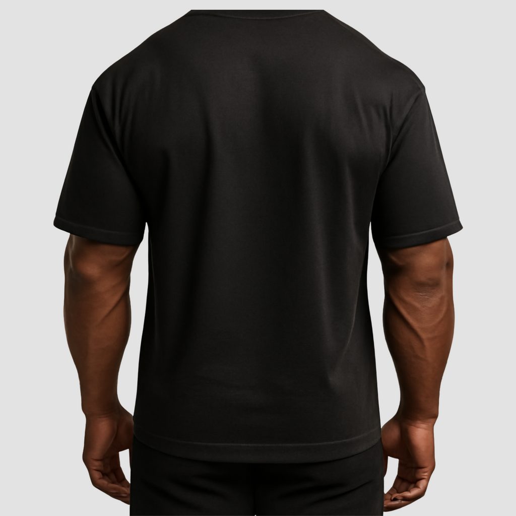 Back view men’s oversized black cotton gym t-shirt with relaxed fit, soft fabric, everyday wear.