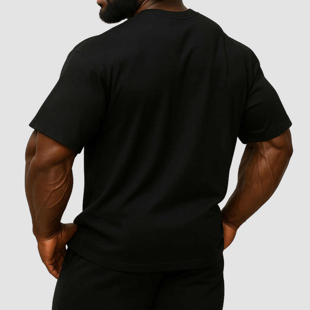 Oversized men’s black cotton gym t-shirt in India, breathable soft fabric, relaxed fit back view