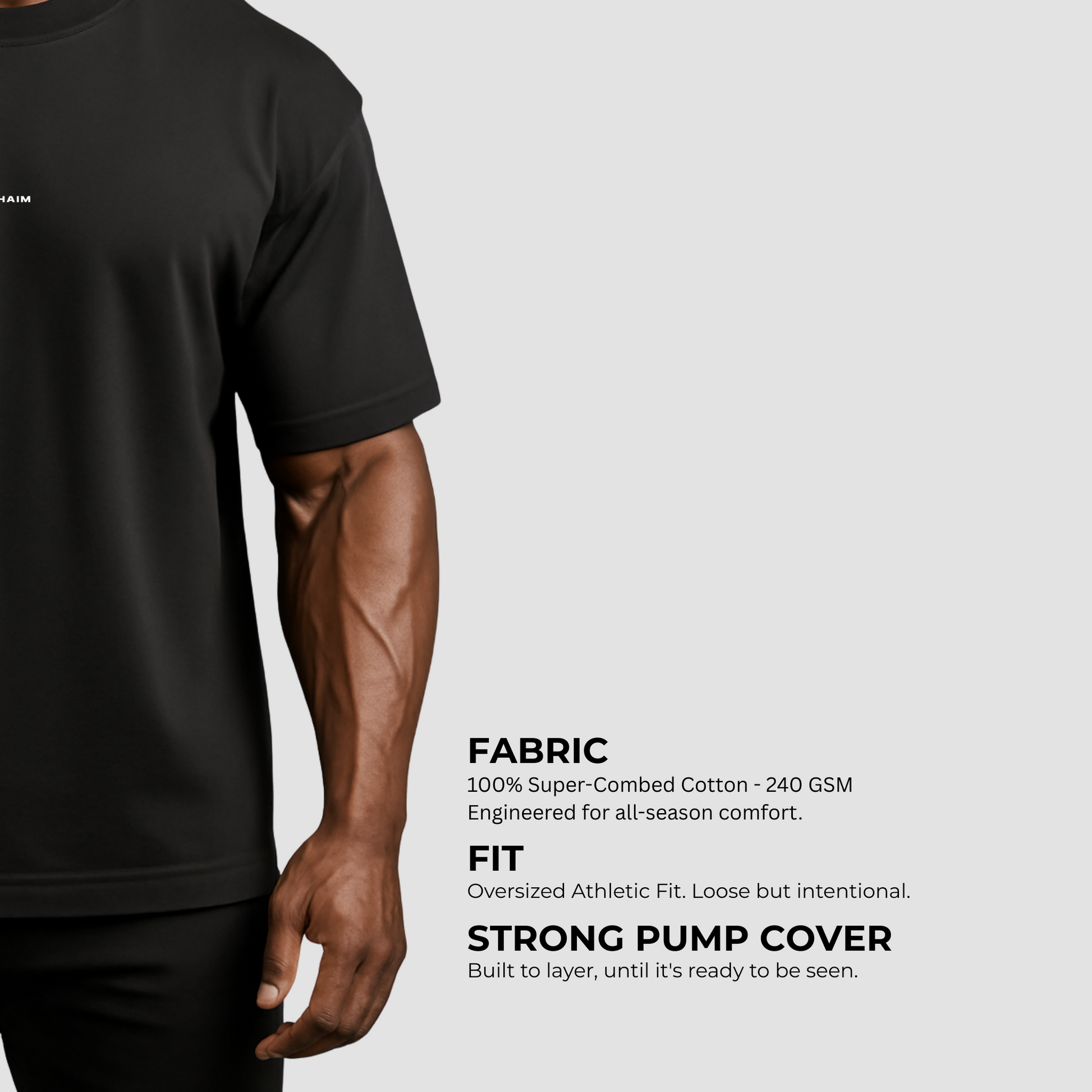 Oversized men’s black 100% cotton gym t-shirt, breathable durable fabric, gym-wear fashion