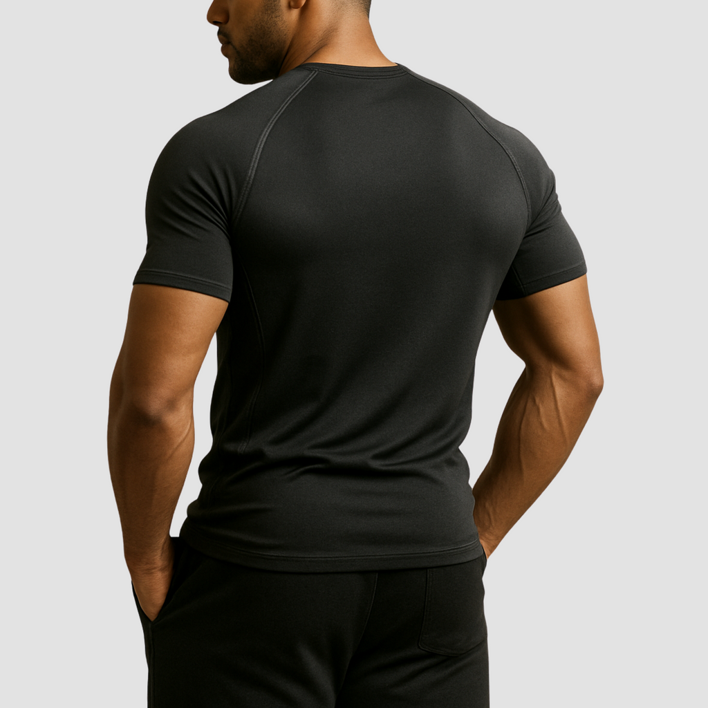 Men’s compression gym t-shirt India, back view black polyester spandex durable blend