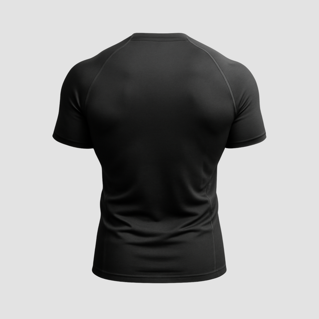Men’s black compression gym t-shirt India, back side with athletic fit and durable fabric
