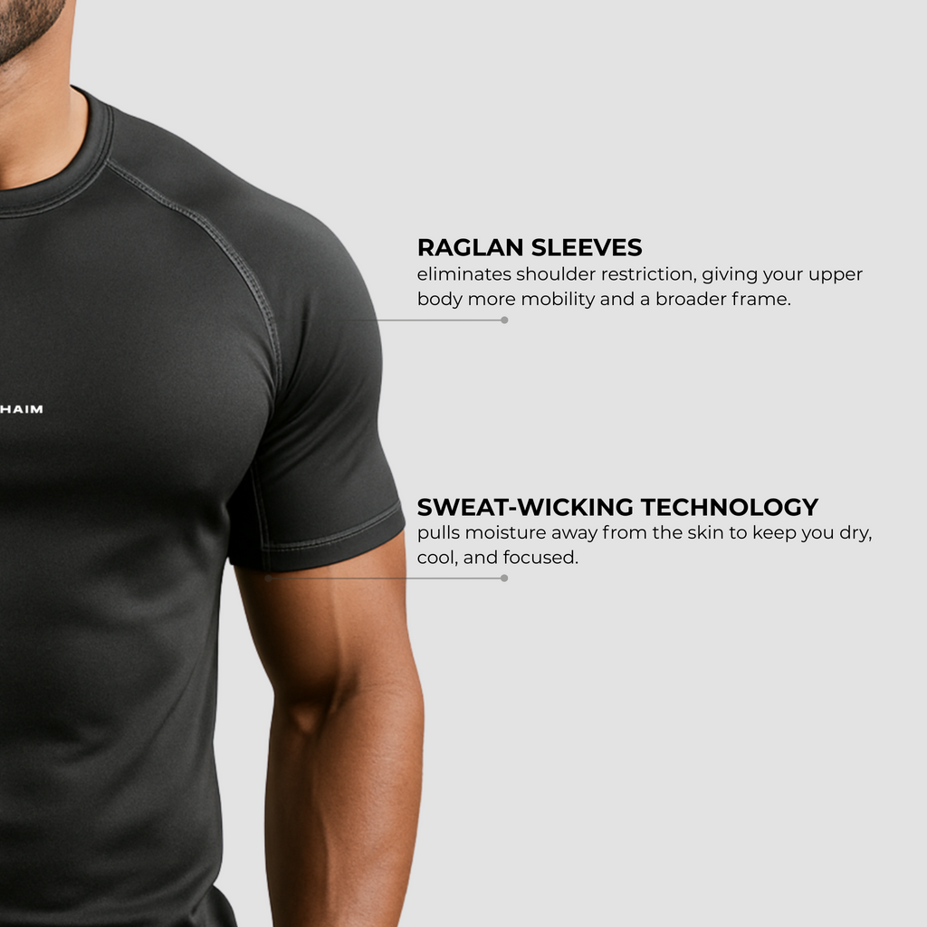 Men’s compression gym t-shirt India, black front view with chest logo and athletic fit