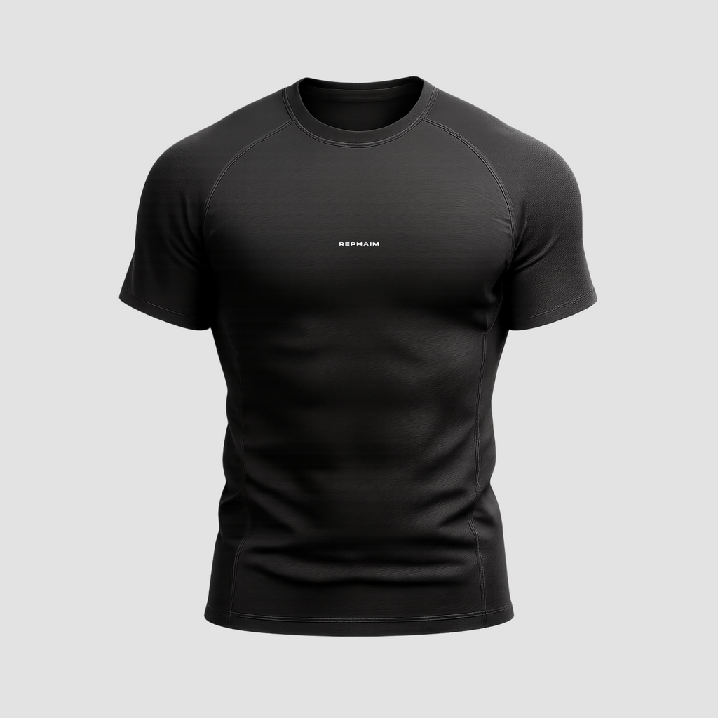 Men’s black compression gym t-shirt India, front close view with athletic fit chest logo