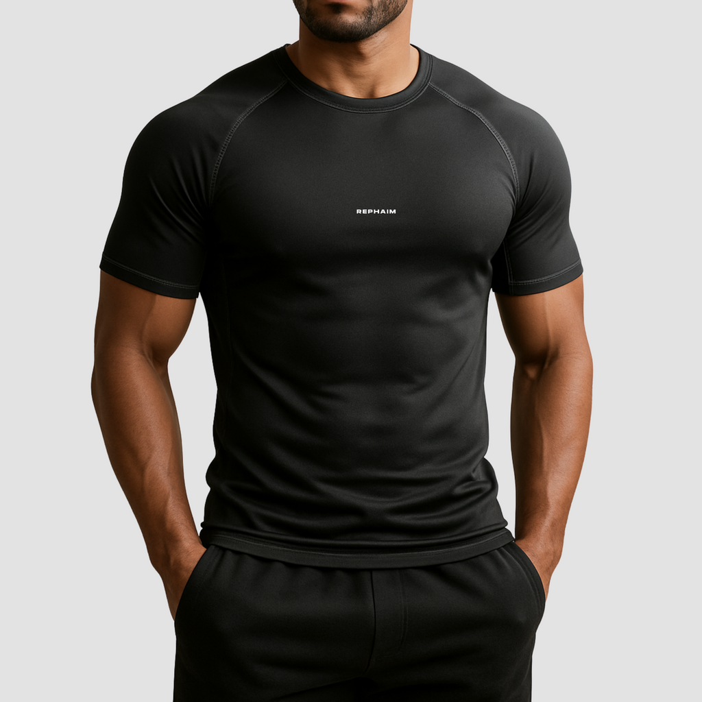 Black compression gym t-shirt men’s India, polyester spandex blend with chest logo front angle