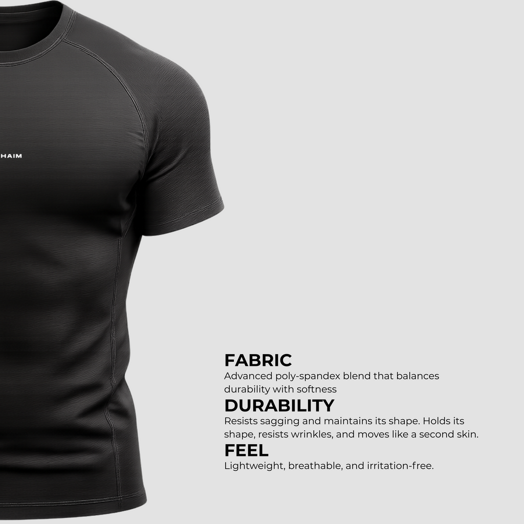 Men’s black compression gym t-shirt India, polyester spandex blend, athletic fit with chest logo