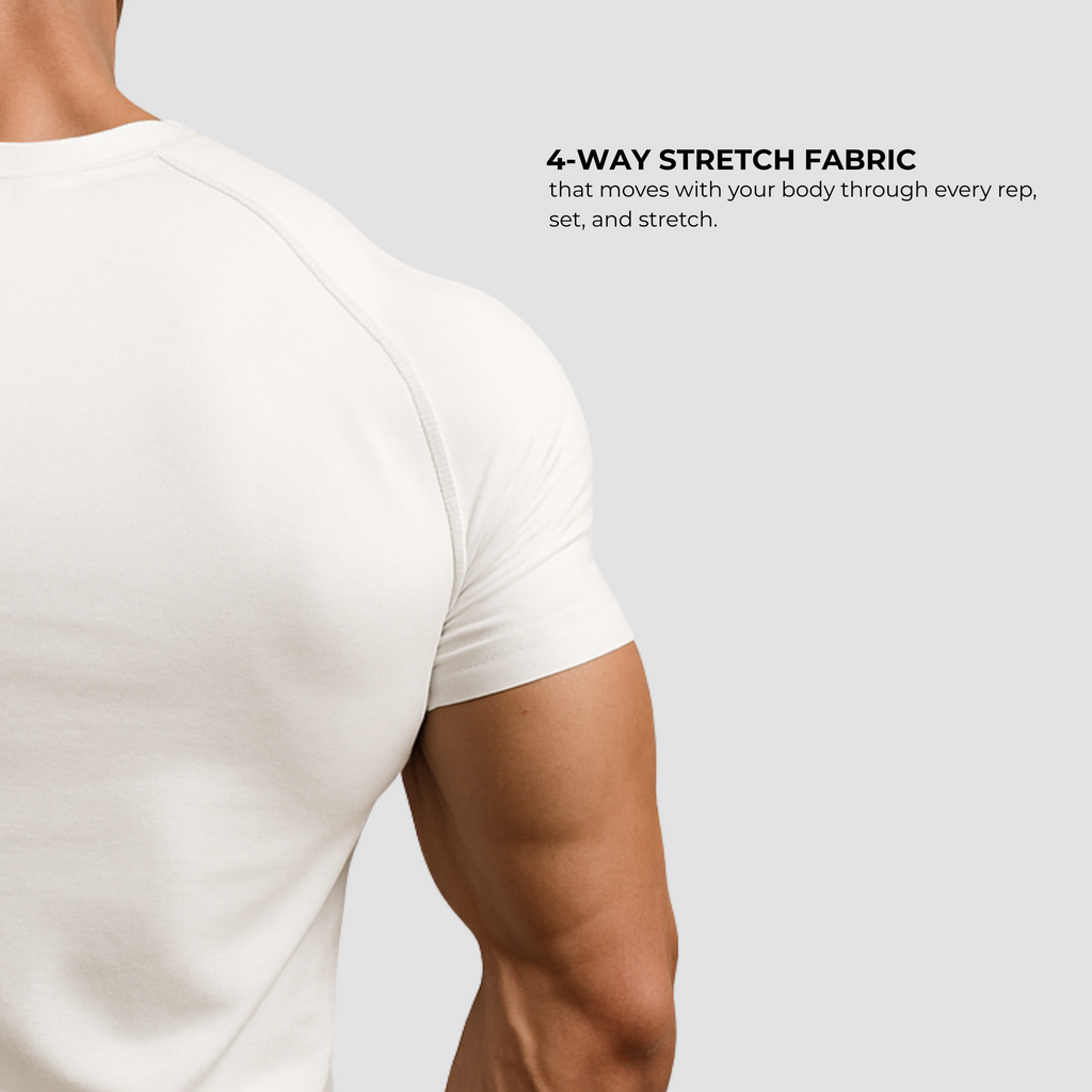 Close-up back view of premium white men’s compression t-shirt with 4-way stretch fabric for gym, training, and fitness.