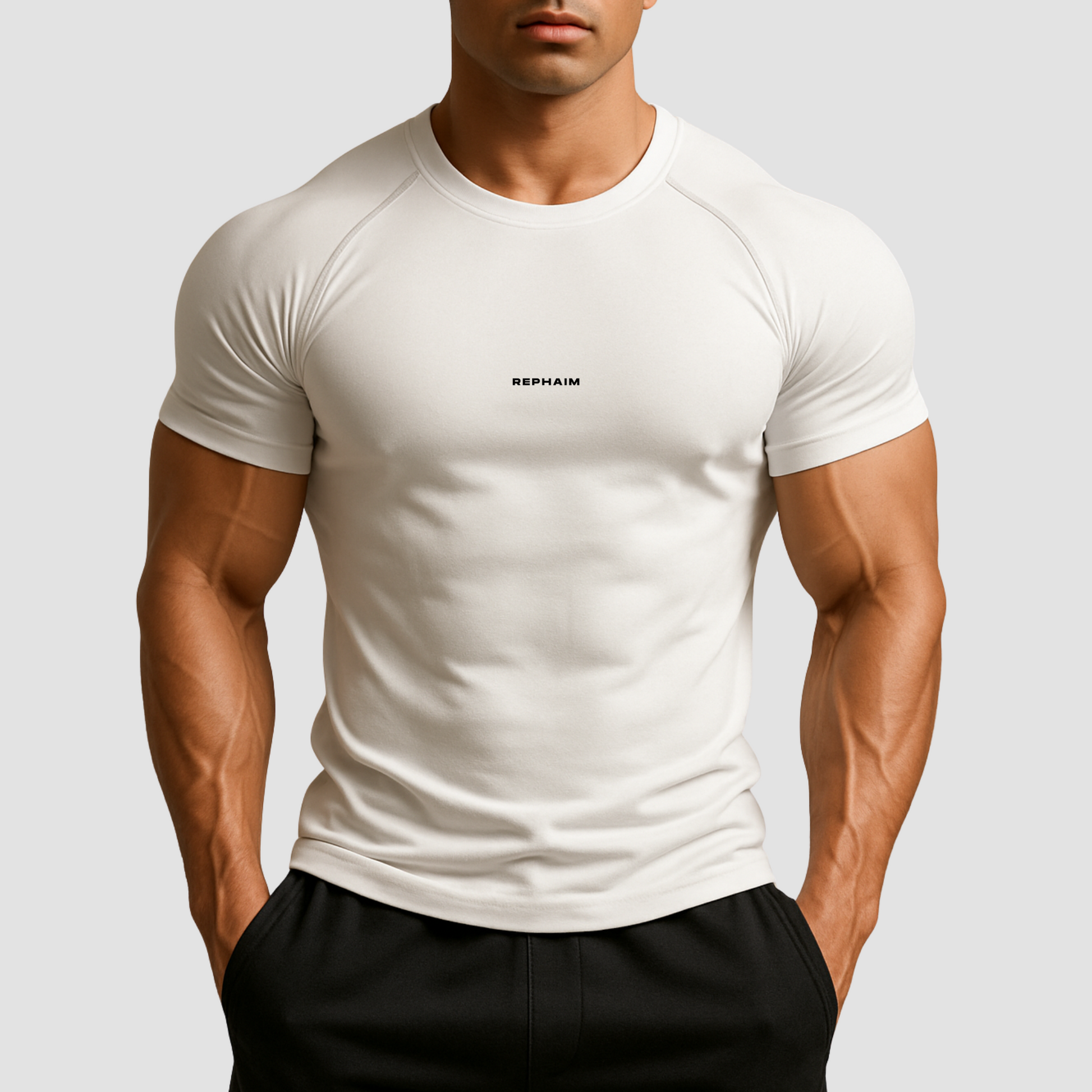 Minimalist white men’s compression t-shirt by Rephaim, premium gym wear with 4-way stretch and sweat-wicking fabric.