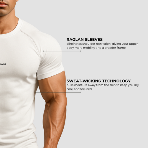 Close-up front view of white men’s compression gym t-shirt with minimal Rephaim logo, sweat-wicking and breathable.