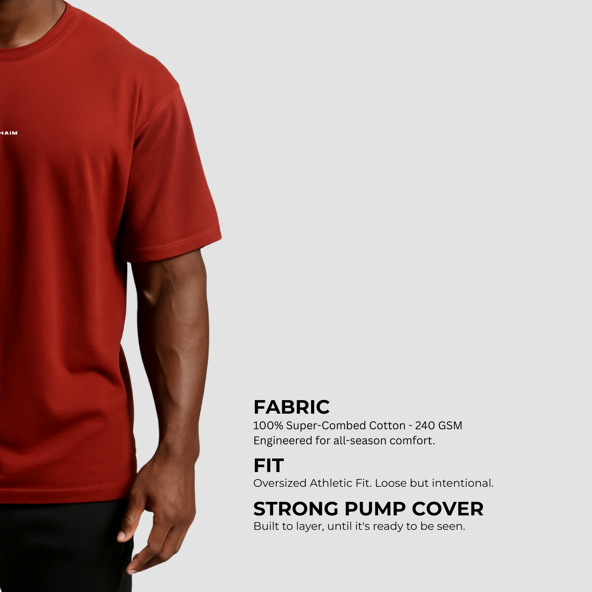 Maroon oversized men’s gym t-shirt India, 100% French terry cotton, 240 GSM, soft all-season fabric.