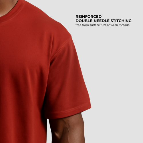 Men’s oversized gym t-shirt India, maroon cotton tee with reinforced double-needle stitching for durability.