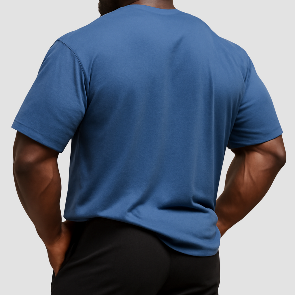 Oversized men’s gym t-shirt India in navy blue, 100% cotton, breathable and wrinkle-resistant back view.