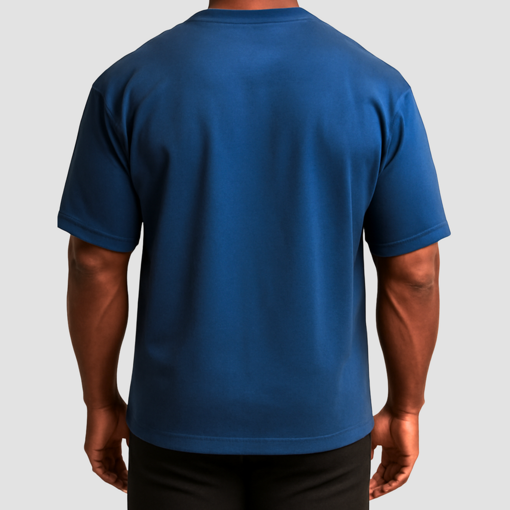 Men’s oversized gym t-shirt India in navy blue, 100% cotton, durable fabric with clean stitched back panel.