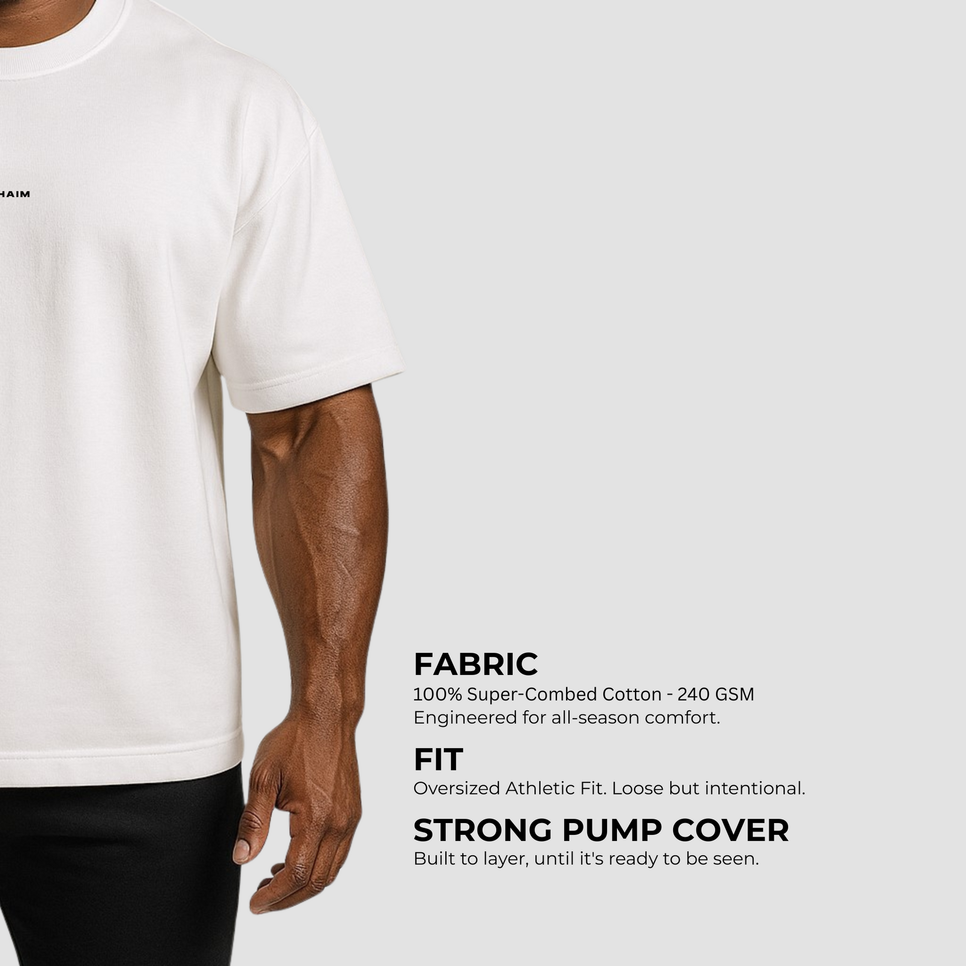 Full view oversized men’s white cotton gym t-shirt with chest logo, drop shoulder, breathable and durable