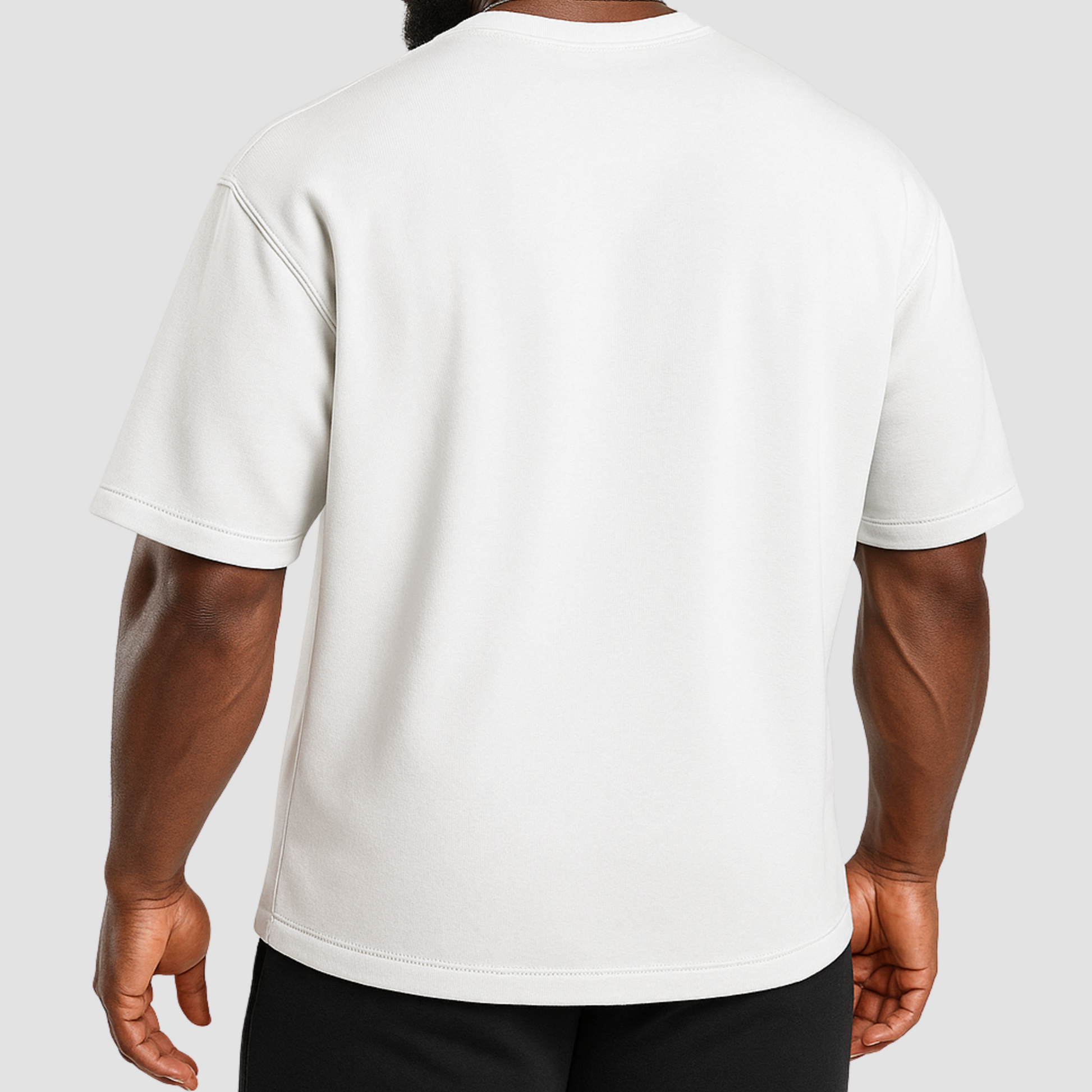 Men’s oversized white cotton gym t-shirt, wrinkle-resistant and durable, back view India edition