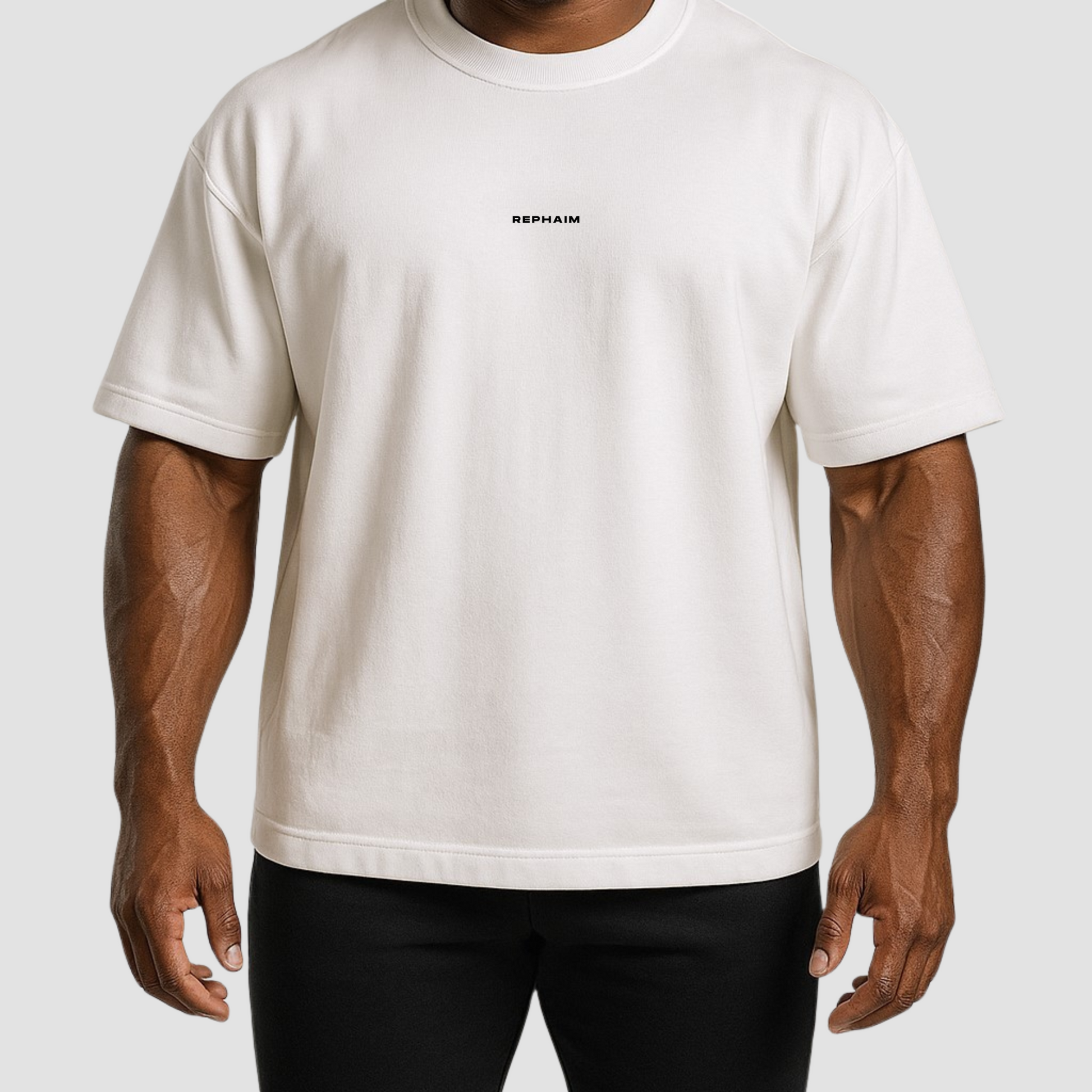 Front view men’s oversized white cotton gym t-shirt with chest logo, breathable and durable.