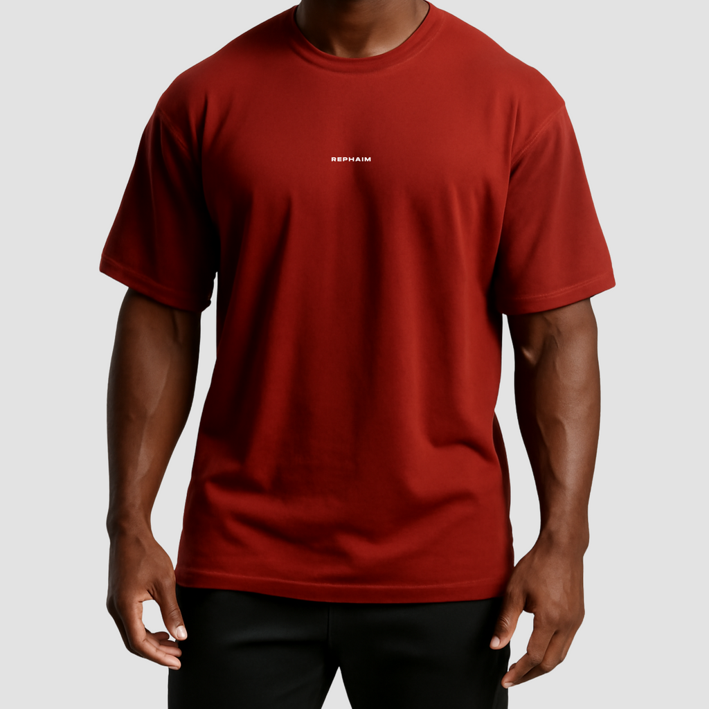 Men’s oversized gym t-shirt India in maroon cotton, chest logo design, athletic loose fit and durable stitching.