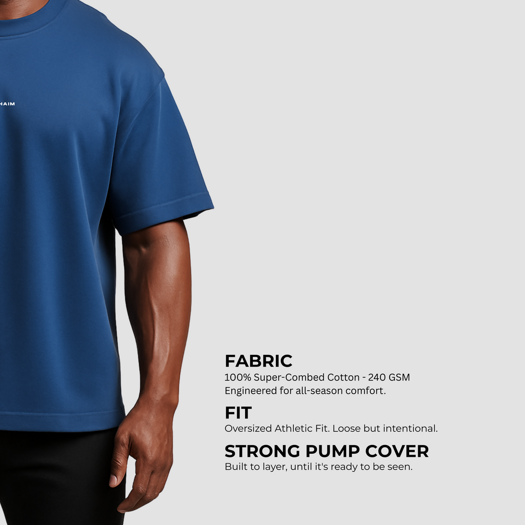 Oversized men’s gym t-shirt India, navy French 100% cotton, 240 GSM, breathable fabric with athletic loose fit.